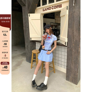 子短袖 真皮腰带2025学院风格 miu蓝白格纹连衣裙 裙女 现货