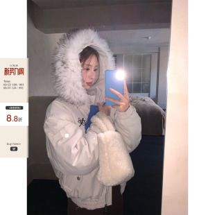 韩系穿搭简约灰白色可拆卸毛领夹棉连帽外套 CCKOK冬季 现货