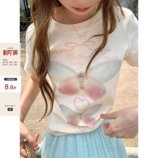 盐系少女短袖 CCKOK 新款 正肩T恤2025夏季 女 梦幻蝴蝶印花立体修身