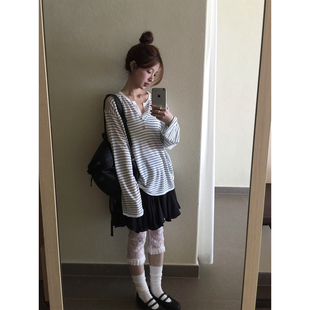 CCKOK 简约黑白条纹薄针织罩衫2026夏季新款复古宽松长袖上衣女