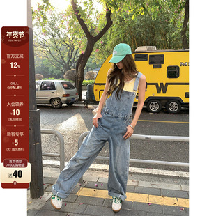 【现货】CCKOK 洗水浅蓝刷白弯刀牛仔背带裤春夏直筒阔腿休闲裤女