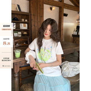 CCKOK手绘苹果蕾丝蝴蝶结扣针正肩T恤夏季 女 小众设计短袖