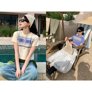 CCKOK春夏韩女系通勤穿搭拼色花朵爱心提花短袖 针织衫 女 现货