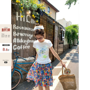 法式 T恤夏季 CCKOK蓝色花花手缝钻花边裙摆修身 少女短袖 现货