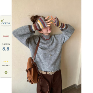 【现货】CCKOK秋冬韩系高级感拼色条纹袖半高领马海毛针织毛衣女