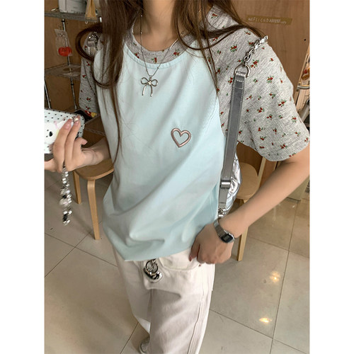 CCKOK 双版本碎花插袖T恤甜美别致减龄套头短袖上衣女夏