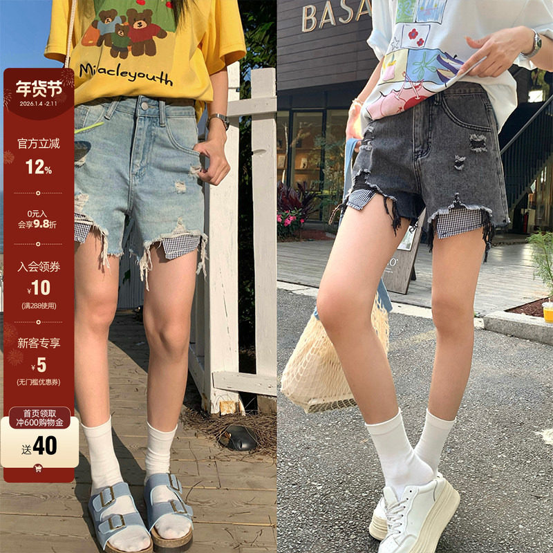 【现货】CCKOK 格纹口袋破洞流苏牛仔短裤夏季直筒休闲五分裤女