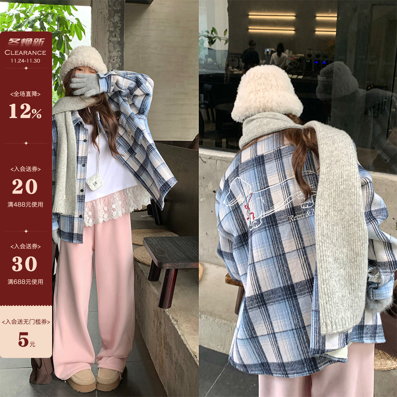 【现货】CCKOK 后背小狗刺绣毛呢格纹加绒衬衫外套冬季格子衬衣女