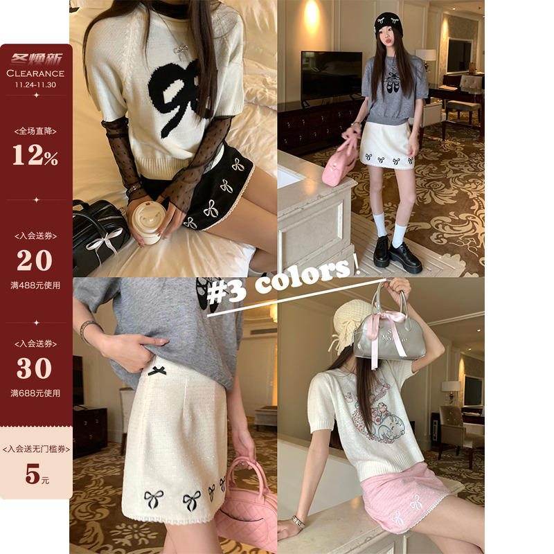 CCKOK蝴蝶结拼接蕾丝边短裙