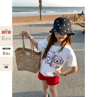 露肩设计小猫短袖 搞怪卡通大领斜肩宽松T恤夏季 CCKOK 女 现货