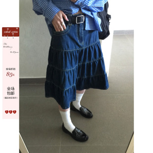 CCKOK 日系牛仔褶皱中裙2026夏季新款复古休闲舒适深蓝色半身裙