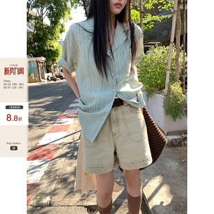 宽松西装 CCKOK 2026春夏新款 衬衫 领衬衣外套女 日系竖条纹休闲短袖