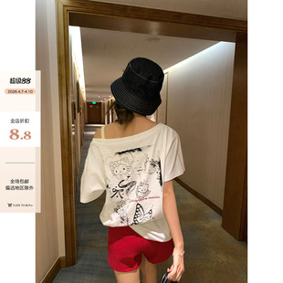 CCKOK 新款 露肩小猫短袖 女 卡通印花烫钻字母大领斜肩T恤2025夏季
