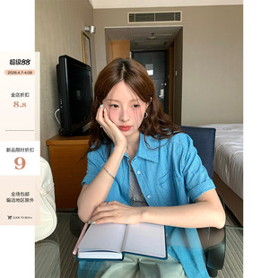 宽松衬衫 CCKOK 湖蓝小格纹短袖 0407