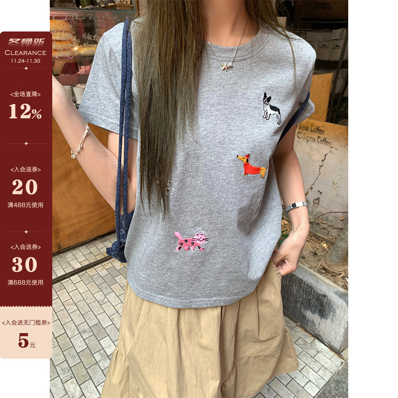 【现货】CCKOK 迷你小狗刺绣正肩T恤夏季ins学院风休闲小众短袖女