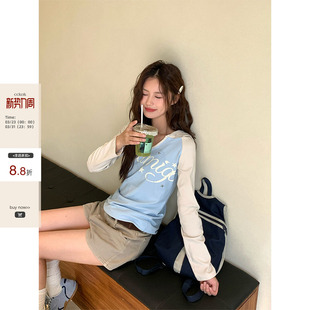 字母印花拼色连帽修身 CCKOK 长袖 T恤夏季 减龄上衣女 薄款 现货
