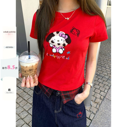 CCKOK虎皮蛋糕小猫毛巾绣正肩修身T恤夏季可爱减龄短袖女