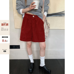 现货 复古直筒阔腿休闲中裤 CCKOK 秋季 女 纯色打褶灯芯绒短裤