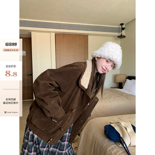 CCKOK冬季 韩系风保暖重工磨砂绒短羔毛领夹棉外套女上衣 现货