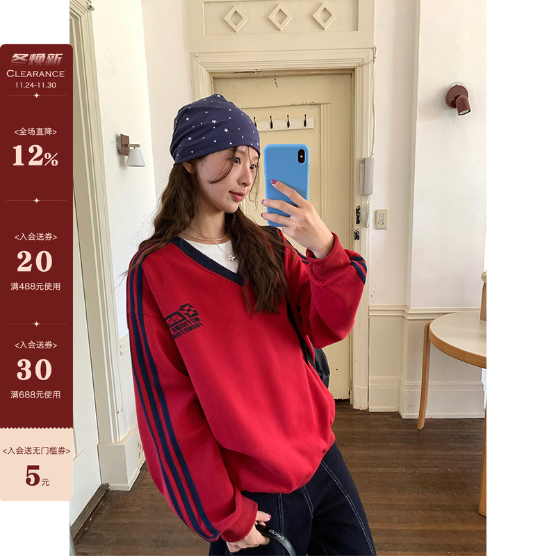 CCKOK拼色运动风印花V领卫衣