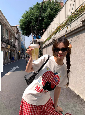 CCKOK 毛巾绣小黑猫格纹苹果正肩T恤2025夏季新款显瘦白色短袖女