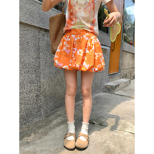 新款 热情橘花南瓜花苞短裙夏季 a字小众设计橘色半身裙 现货