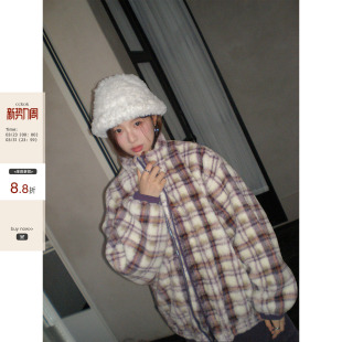 加厚保暖紫白格纹毛绒长袖 冬季 CCKOK 紫白格纹外套女上衣 现货