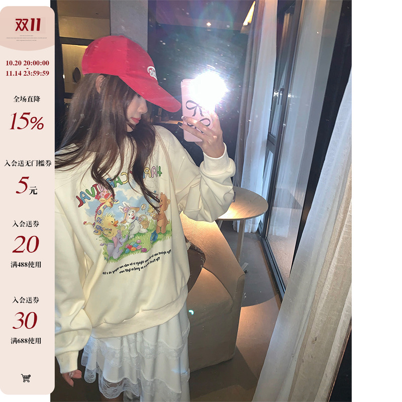 【现货】CCKOK 卡通动物复古印花圆领卫衣小众设计百搭套头上衣女