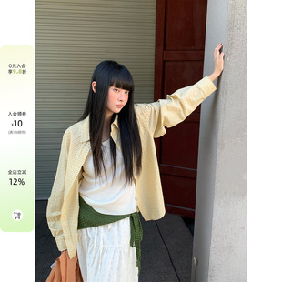 CCKOK 2026新品早春韩系通勤穿搭鹅黄色肌理感格纹宽松长袖衬衫女