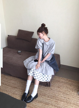 CCKOK 日系宽松娃娃领短袖连衣裙2026夏季新款复古温柔风短裙女