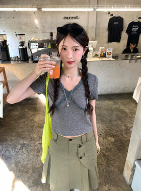 【现货】CCKOK 立体花边灰色碎花短袖夏季法式复古舒适休闲T恤女