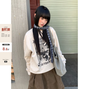 早春韩系通勤穿搭做旧印花彩纱毛圈100%棉圆领卫衣 CCKOK 现货