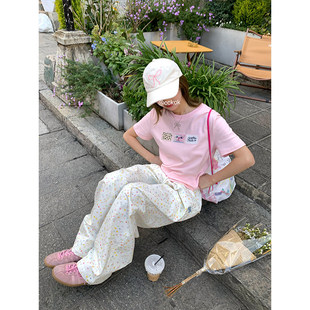 小众短袖 ins少女修身 简约小猫咪贴布绣正肩T恤夏季 CCKOK