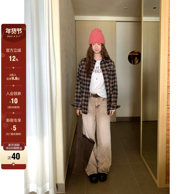 CCKOK 冬季巨好看 韩系气质 磨毛100%棉卡其格纹宽松长袖衬衫女