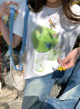 CCKOK fresh绿苹果立体钻正肩T恤2025夏季新款减龄港风白色短袖女