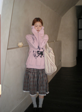 CCKOK 复古卡其格纹拼接蕾丝边蛋糕裙2025秋季新款格子中长半身裙