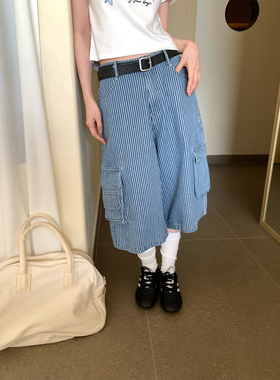 【现货】CCKOK 竖条纹牛仔中裤夏季复古宽松深蓝色阔腿休闲短裤女