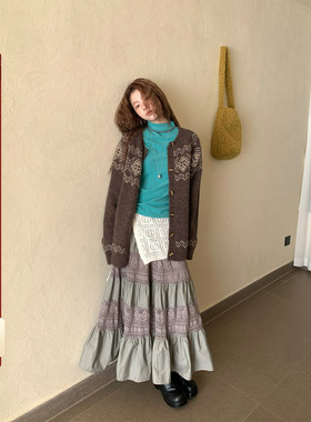 CCKOK 冬季新品 韩系穿搭气质通勤 灰绿色拼接蕾丝半身长裙女