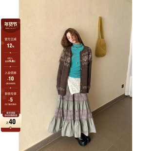 CCKOK 冬季新品 韩系穿搭气质通勤 灰绿色拼接蕾丝半身长裙女