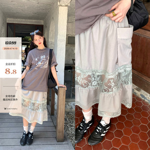 新款 小众拼接透视半身裙女 米灰色蕾丝醋酸亚麻中裙2026夏季 CCKOK