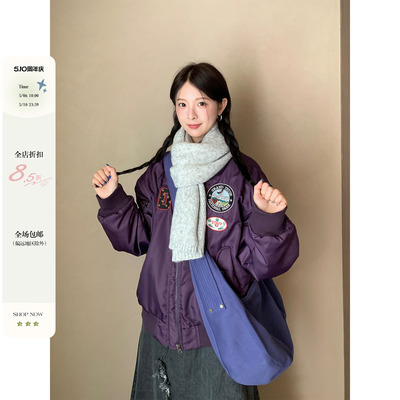 【现货】CCKOK冬季保暖徽章图标刺绣紫夹棉棒球服飞行夹克外套