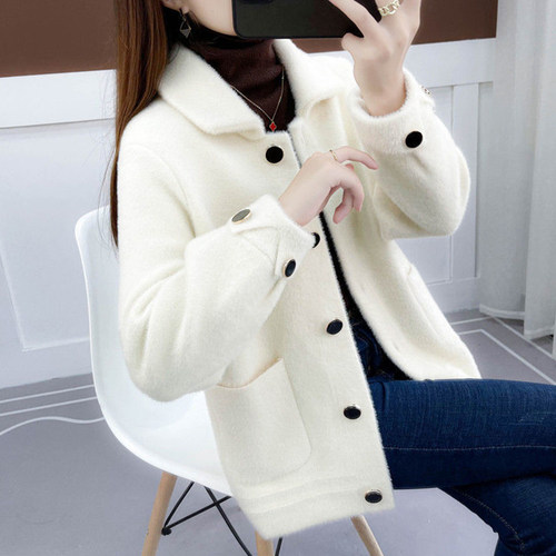 纯色仿貂绒加厚毛呢女外套