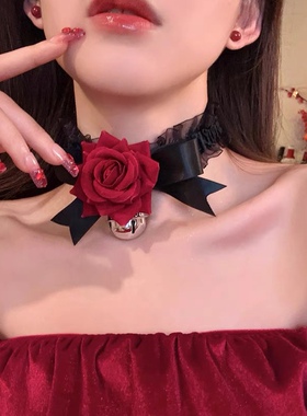 暗夜玫瑰红色玫瑰项链女荆棘choker颈链新年项圈拍照装扮配饰品