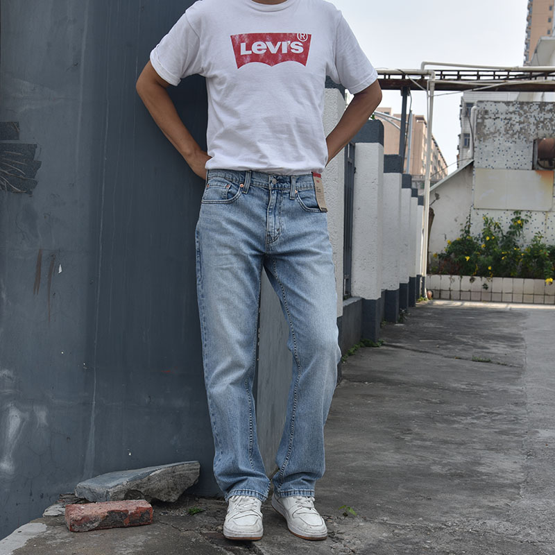 中腰宽松直筒微弹长裤牛仔裤拉链