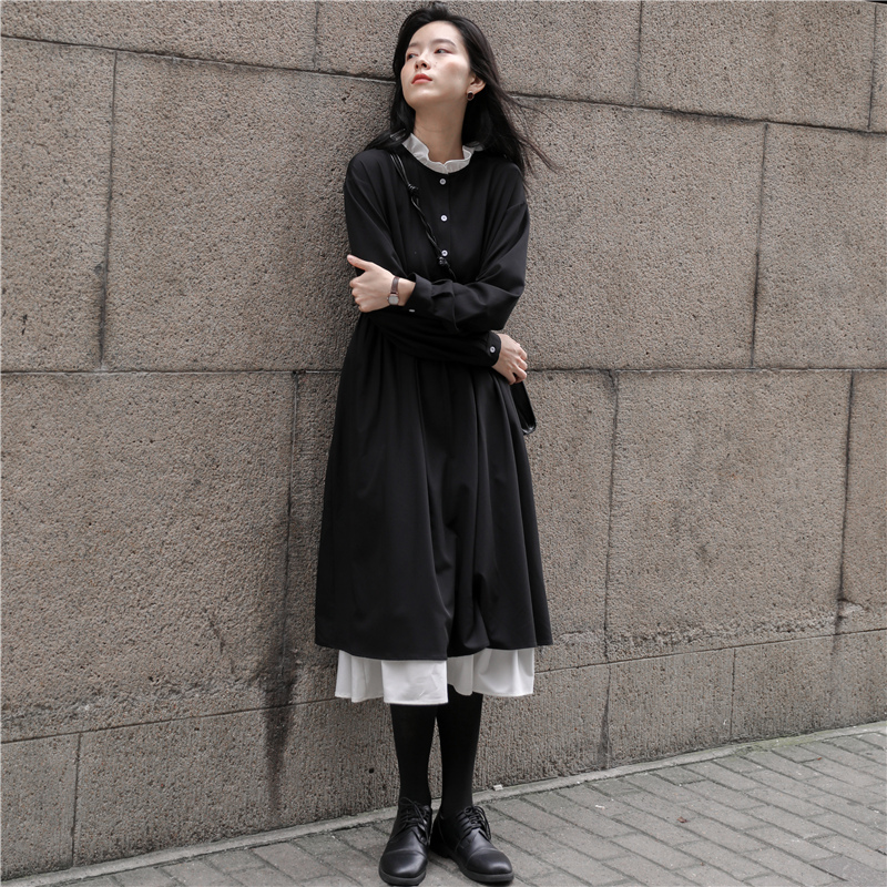 安小落2020秋季连衣裙女收腰显瘦气质撞色流行长裙子女长袖小黑裙