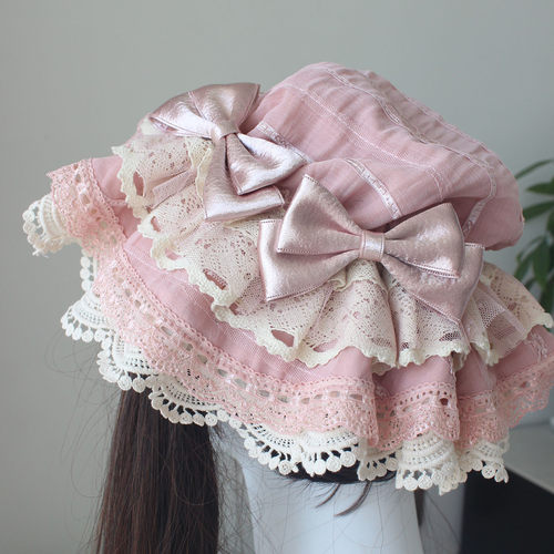 手作枕边缎带伞帽lolita粉色多层蕾丝BB帽doll感少女重工华丽帽子