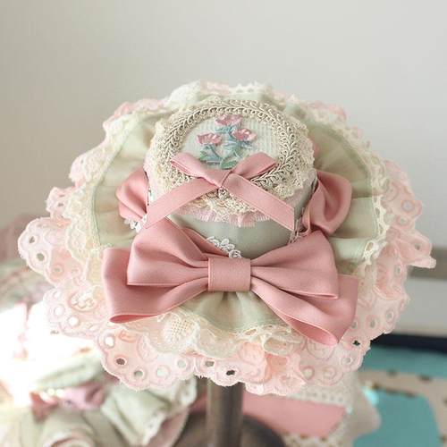 精致粉绿四时花小礼帽