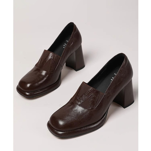 气质高跟鞋女2025新款秋天粗跟方头鞋子女时尚真皮配裙子深口单鞋