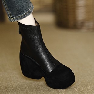 小个子增高靴子女2025新款坡跟短靴舒适百搭10cm厚底软羊皮瘦瘦靴