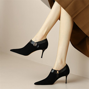 黑色真皮高跟鞋女2023年新款春春季时尚尖头深口绒面单鞋女鞋细跟